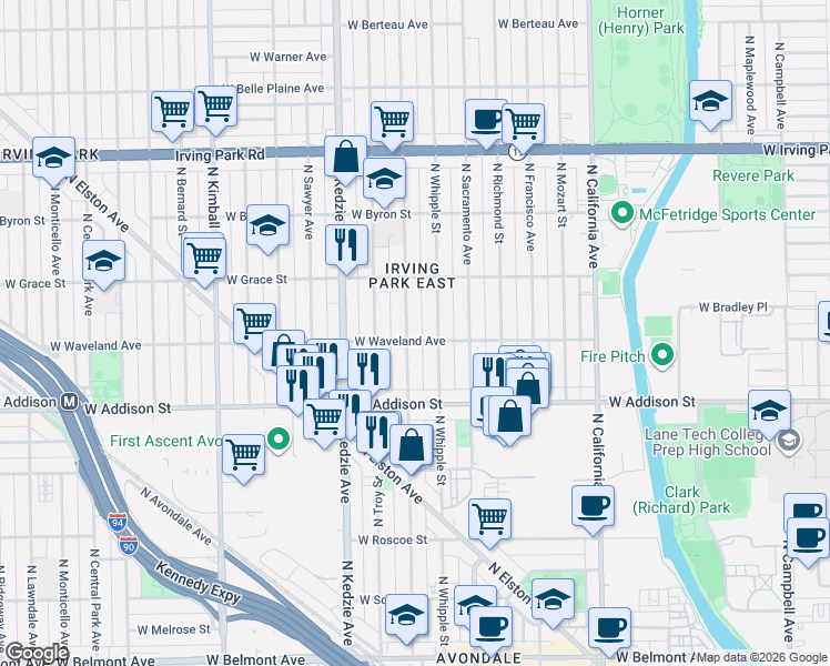 map of restaurants, bars, coffee shops, grocery stores, and more near 3715 North Albany Avenue in Chicago