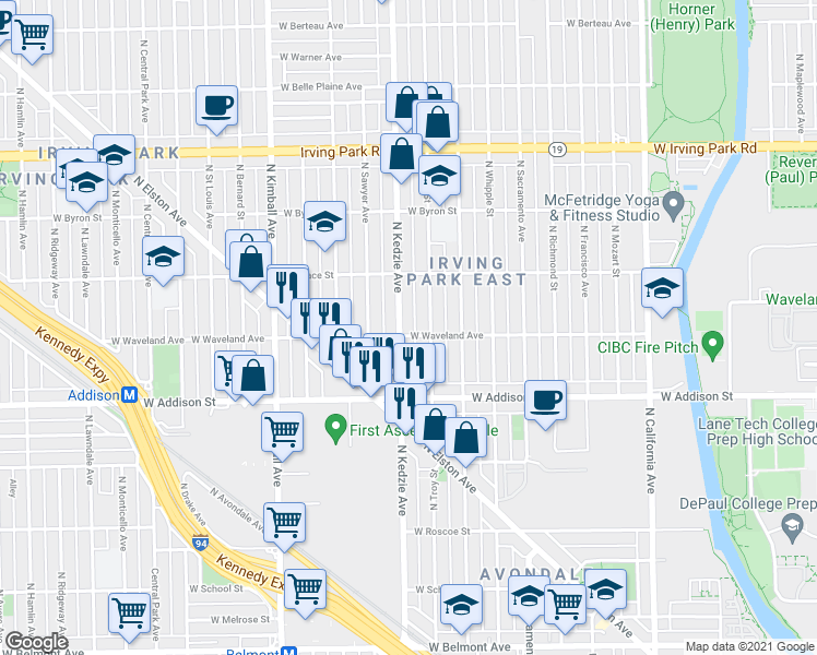 map of restaurants, bars, coffee shops, grocery stores, and more near 3710 North Kedzie Avenue in Chicago