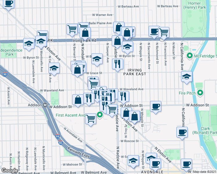 map of restaurants, bars, coffee shops, grocery stores, and more near 3716 North Sawyer Avenue in Chicago