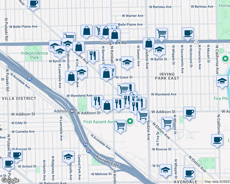 map of restaurants, bars, coffee shops, grocery stores, and more near 3716 North Kimball Avenue in Chicago