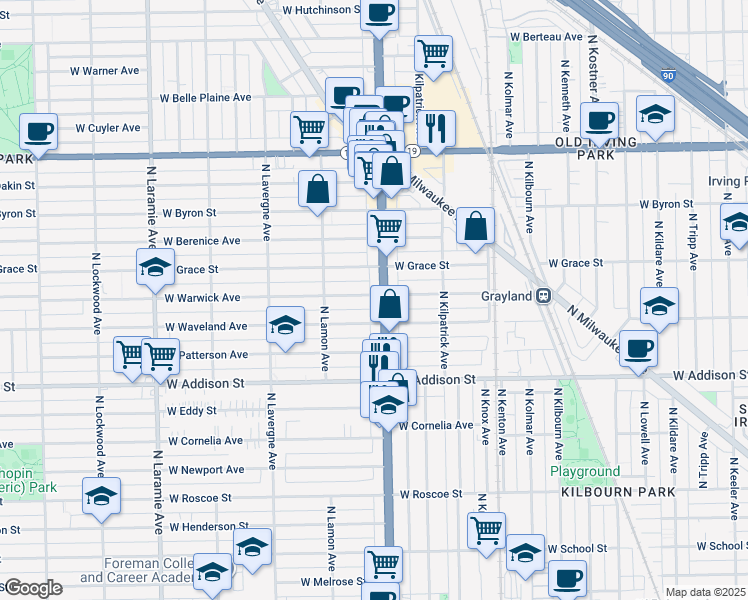 map of restaurants, bars, coffee shops, grocery stores, and more near 3737 North Cicero Avenue in Chicago