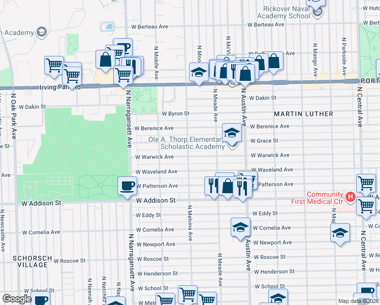 map of restaurants, bars, coffee shops, grocery stores, and more near 6201 West Grace Street in Chicago