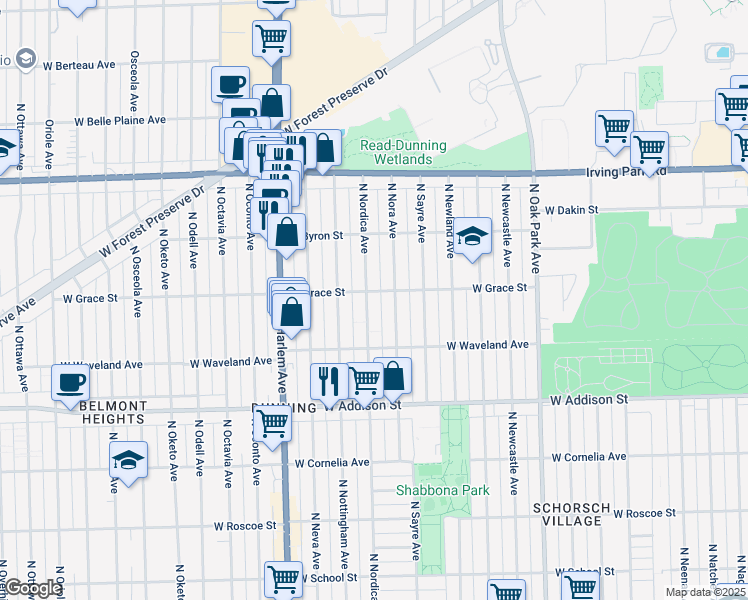 map of restaurants, bars, coffee shops, grocery stores, and more near 3800 North Nora Avenue in Chicago