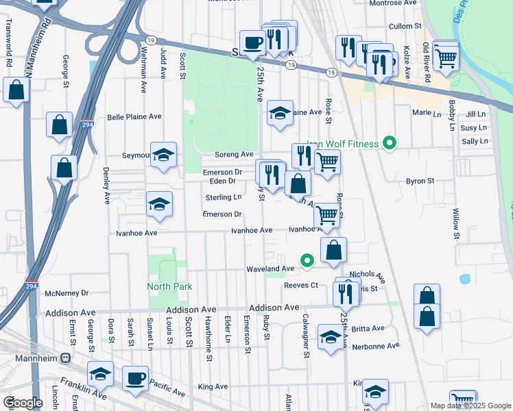 map of restaurants, bars, coffee shops, grocery stores, and more near 3878 Ruby Street in Schiller Park