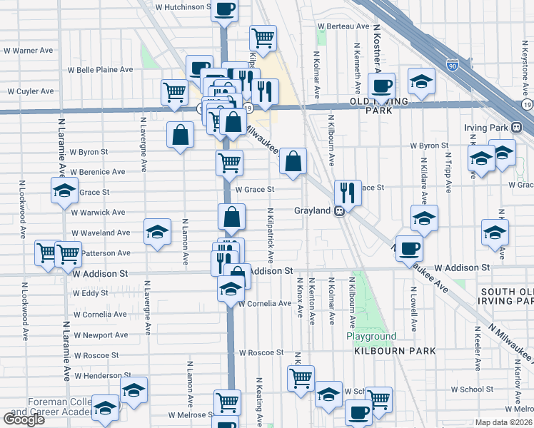 map of restaurants, bars, coffee shops, grocery stores, and more near 4718 West Warwick Avenue in Chicago