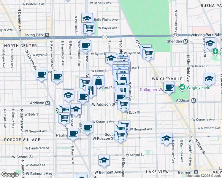 map of restaurants, bars, coffee shops, grocery stores, and more near 1450 West Waveland Avenue in Chicago