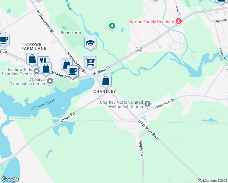 map of restaurants, bars, coffee shops, grocery stores, and more near 34R South Worcester Street in Norton