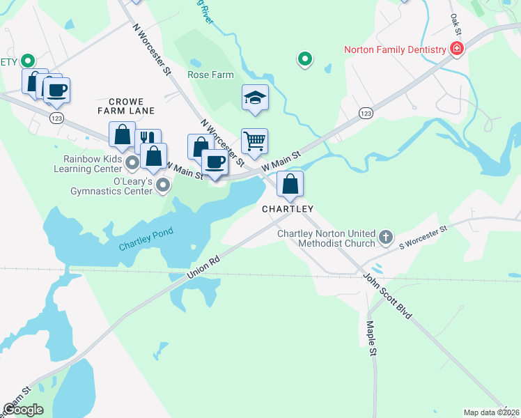map of restaurants, bars, coffee shops, grocery stores, and more near 54 Sturdy Street in Norton