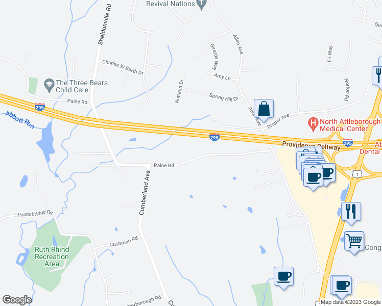 map of restaurants, bars, coffee shops, grocery stores, and more near 105 Paine Road in North Attleborough