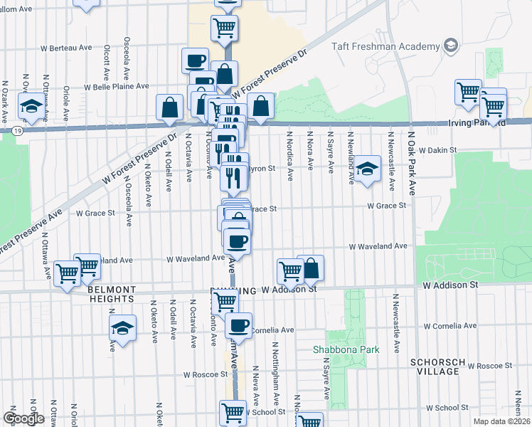 map of restaurants, bars, coffee shops, grocery stores, and more near 3801 North Neva Avenue in Chicago