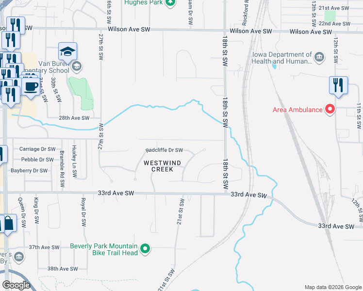 map of restaurants, bars, coffee shops, grocery stores, and more near 1801-2231 29th Avenue Southwest in Cedar Rapids