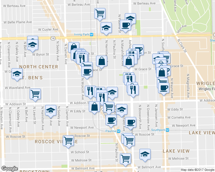 map of restaurants, bars, coffee shops, grocery stores, and more near West Waveland Avenue & North Hermitage Avenue in Chicago