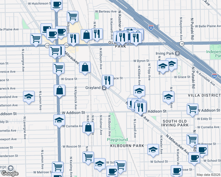 map of restaurants, bars, coffee shops, grocery stores, and more near 3709 North Kenneth Avenue in Chicago