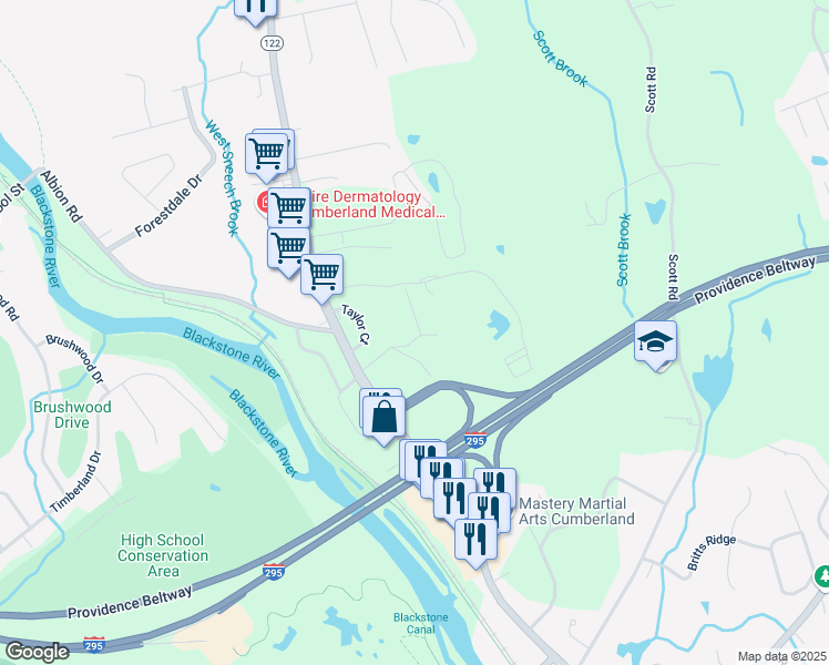 map of restaurants, bars, coffee shops, grocery stores, and more near 10 Menard Street in Cumberland