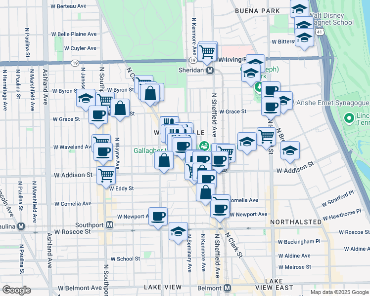 map of restaurants, bars, coffee shops, grocery stores, and more near 1101 West Waveland Avenue in Chicago