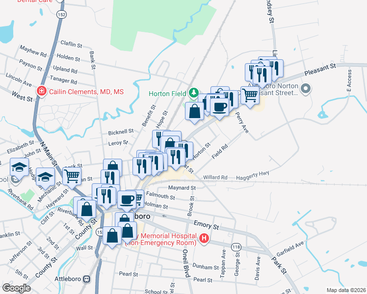map of restaurants, bars, coffee shops, grocery stores, and more near 145 Pleasant Street in Attleboro