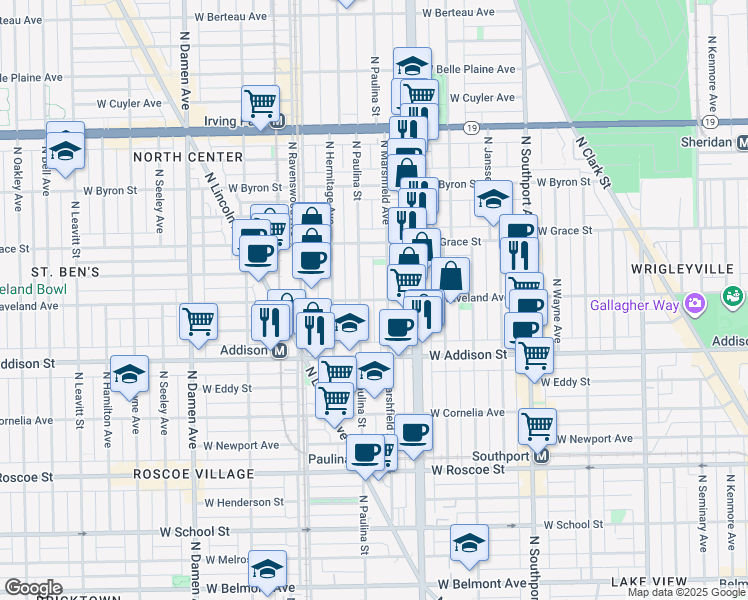 map of restaurants, bars, coffee shops, grocery stores, and more near 3704 North Marshfield Avenue in Chicago