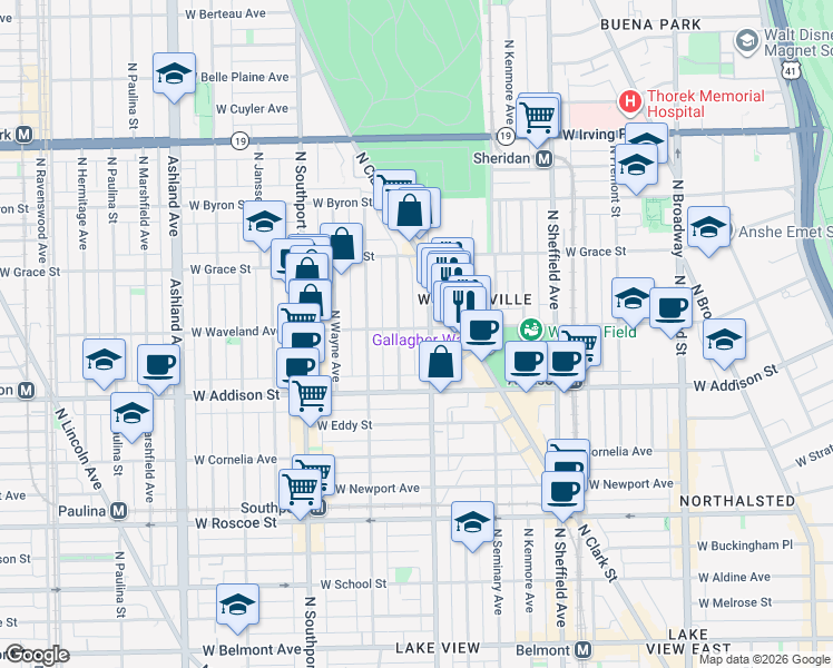 map of restaurants, bars, coffee shops, grocery stores, and more near 1216 West Waveland Avenue in Chicago