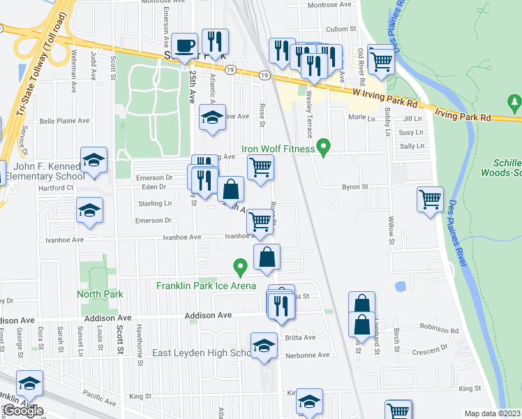 map of restaurants, bars, coffee shops, grocery stores, and more near 3801 25th Avenue in Schiller Park