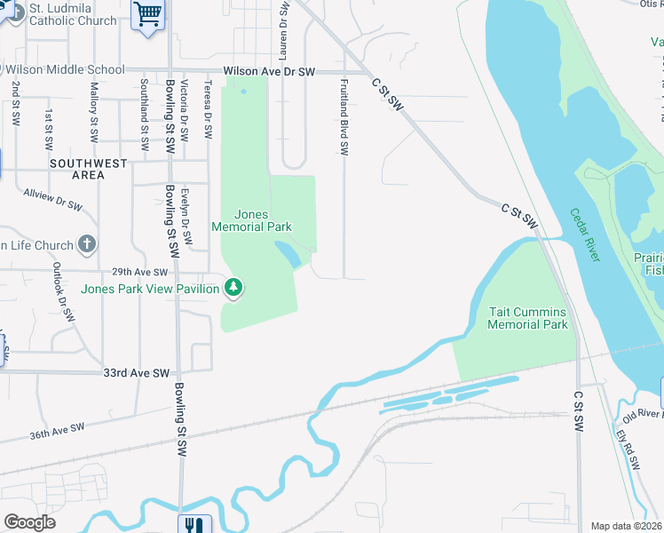 map of restaurants, bars, coffee shops, grocery stores, and more near 2818 Fruitland Boulevard Southwest in Cedar Rapids