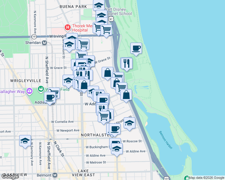 map of restaurants, bars, coffee shops, grocery stores, and more near 520 West Addison Street in Chicago