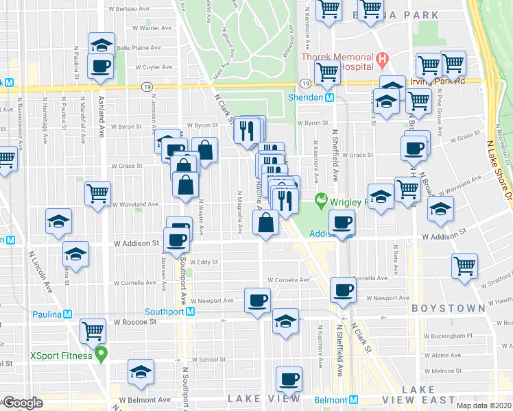 map of restaurants, bars, coffee shops, grocery stores, and more near 1216 West Waveland Avenue in Chicago