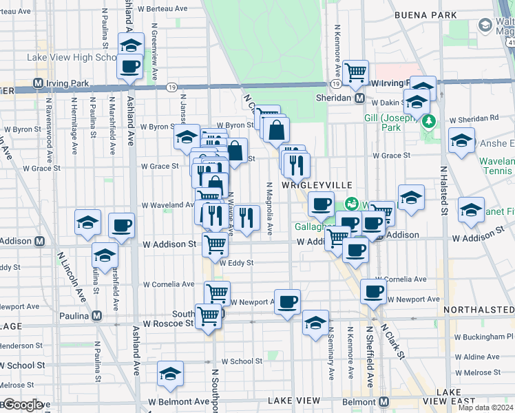 map of restaurants, bars, coffee shops, grocery stores, and more near 1250 West Waveland Avenue in Chicago