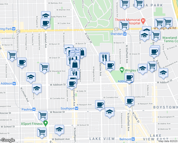 map of restaurants, bars, coffee shops, grocery stores, and more near 1250 West Waveland Avenue in Chicago