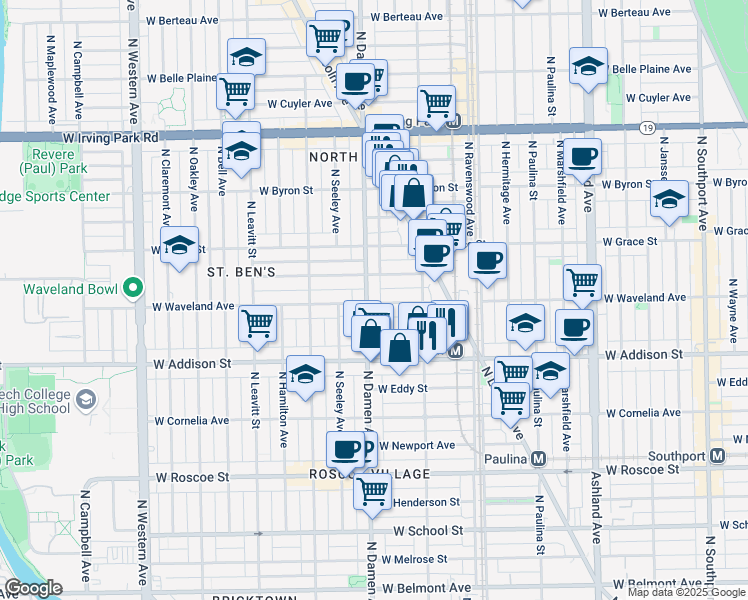 map of restaurants, bars, coffee shops, grocery stores, and more near 1942 West Waveland Avenue in Chicago