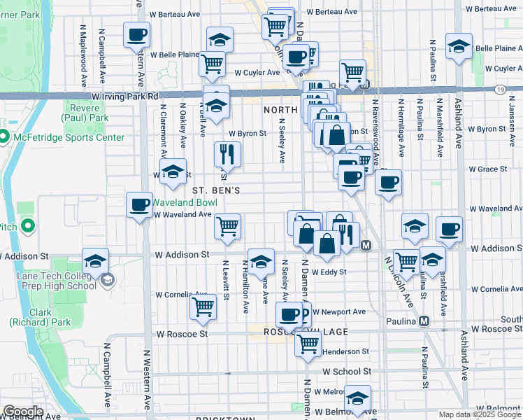 map of restaurants, bars, coffee shops, grocery stores, and more near 3709 North Hoyne Avenue in Chicago