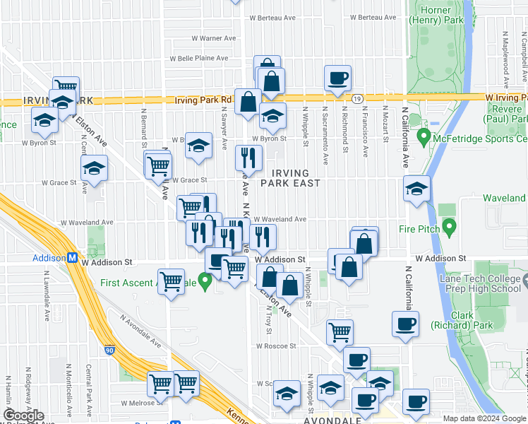 map of restaurants, bars, coffee shops, grocery stores, and more near 3715 North Troy Street in Chicago