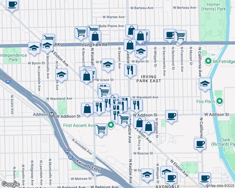 map of restaurants, bars, coffee shops, grocery stores, and more near 3716 North Sawyer Avenue in Chicago