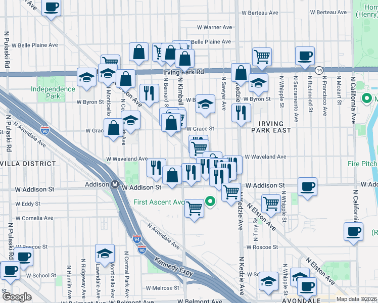 map of restaurants, bars, coffee shops, grocery stores, and more near 3716 North Kimball Avenue in Chicago