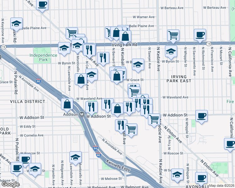 map of restaurants, bars, coffee shops, grocery stores, and more near 3721 North Bernard Street in Chicago