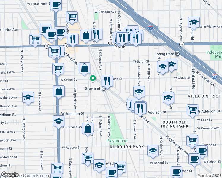 map of restaurants, bars, coffee shops, grocery stores, and more near 3709 North Kenneth Avenue in Chicago