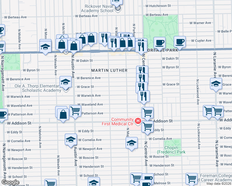 map of restaurants, bars, coffee shops, grocery stores, and more near 5740 West Warwick Avenue in Chicago