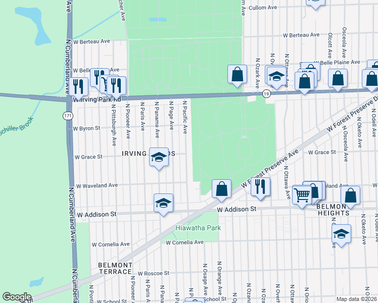 map of restaurants, bars, coffee shops, grocery stores, and more near 3807 North Pacific Avenue in Chicago