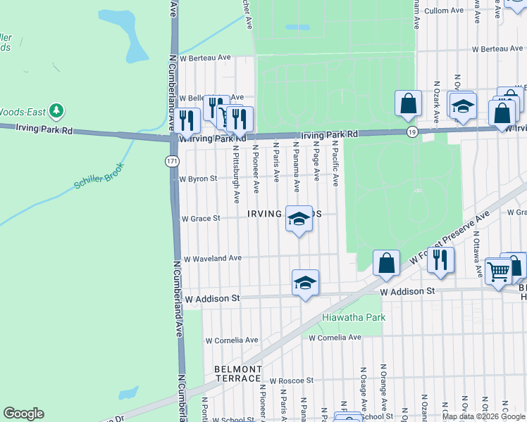 map of restaurants, bars, coffee shops, grocery stores, and more near 3812 North Paris Avenue in Chicago