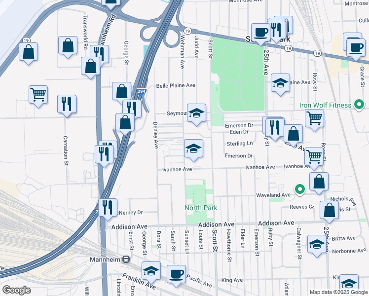 map of restaurants, bars, coffee shops, grocery stores, and more near 3935 Wehrman Avenue in Schiller Park