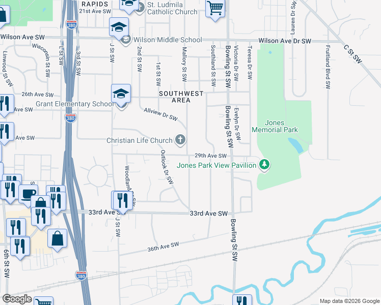 map of restaurants, bars, coffee shops, grocery stores, and more near in Cedar Rapids