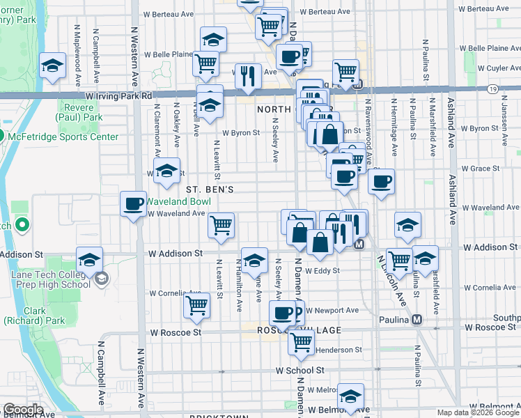 map of restaurants, bars, coffee shops, grocery stores, and more near 3709 North Hoyne Avenue in Chicago