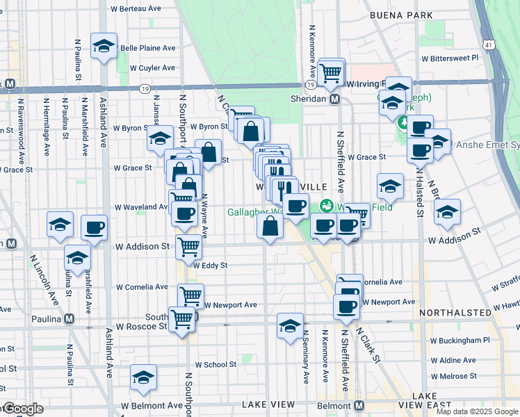 map of restaurants, bars, coffee shops, grocery stores, and more near 1201 West Waveland Avenue in Chicago