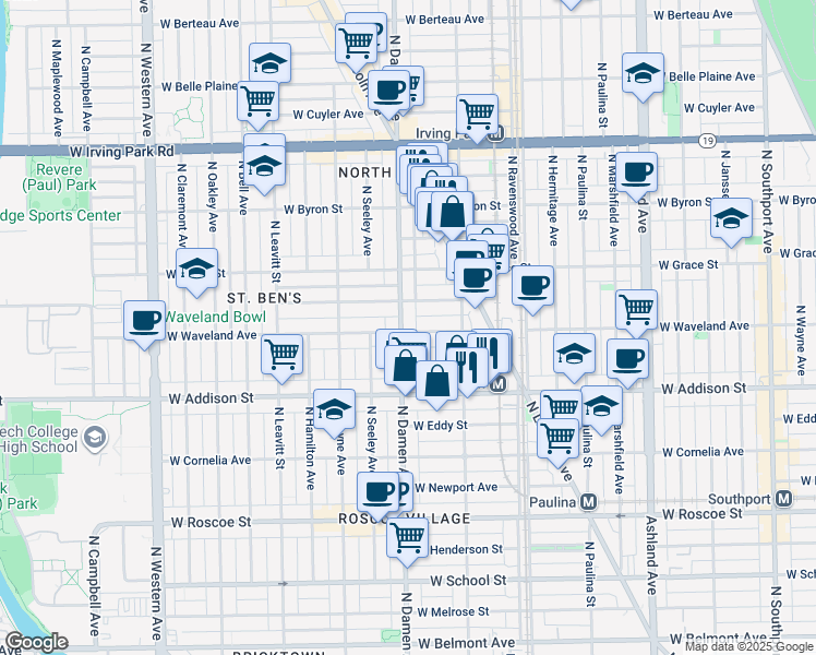 map of restaurants, bars, coffee shops, grocery stores, and more near 1958 West Waveland Avenue in Chicago