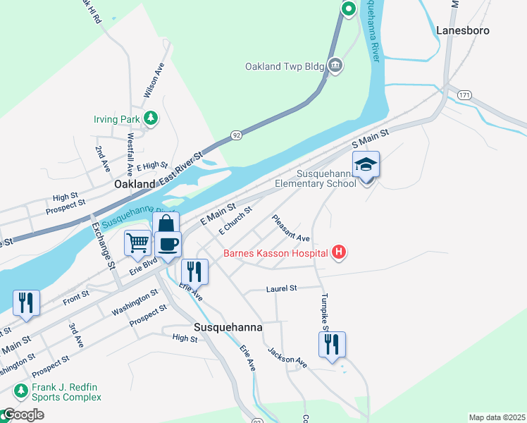 map of restaurants, bars, coffee shops, grocery stores, and more near 331 Grand Street in Susquehanna