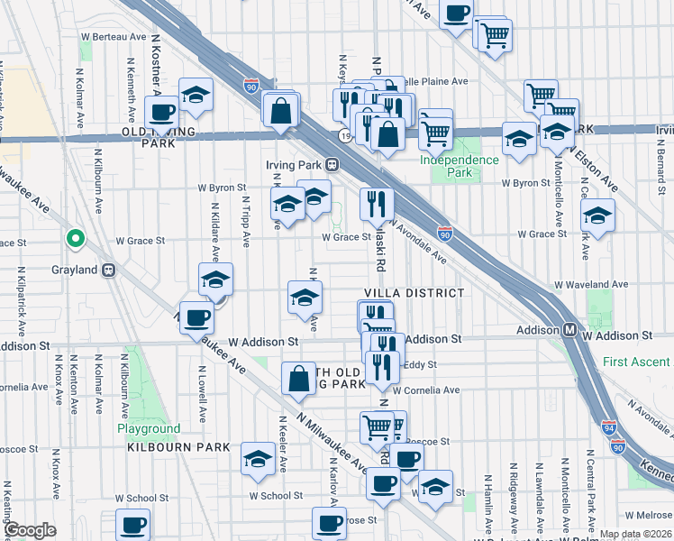 map of restaurants, bars, coffee shops, grocery stores, and more near 4037 West Warwick Avenue in Chicago