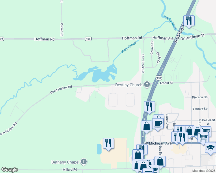 map of restaurants, bars, coffee shops, grocery stores, and more near 15365 Coon Hollow Road in Three Rivers
