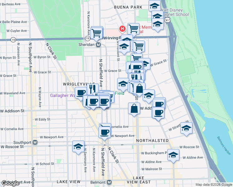 map of restaurants, bars, coffee shops, grocery stores, and more near 3652 North Fremont Street in Chicago