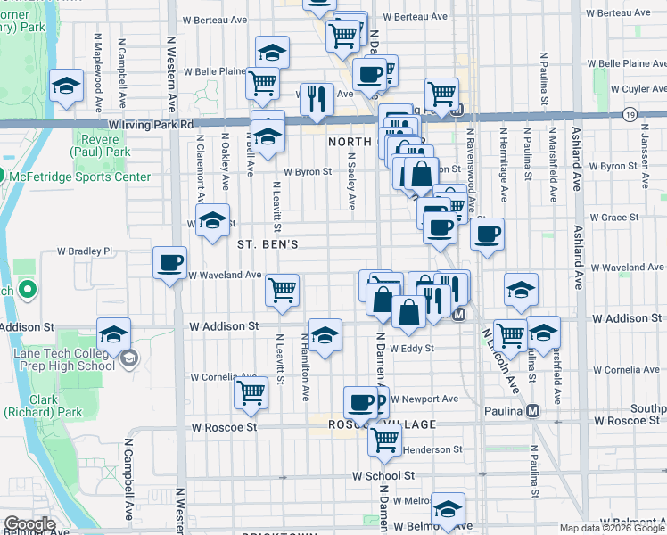 map of restaurants, bars, coffee shops, grocery stores, and more near 3709 North Hoyne Avenue in Chicago