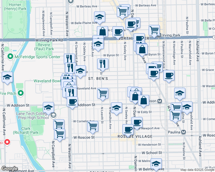map of restaurants, bars, coffee shops, grocery stores, and more near 2136 West Waveland Avenue in Chicago