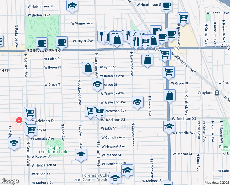 map of restaurants, bars, coffee shops, grocery stores, and more near 3737 North Leclaire Avenue in Chicago